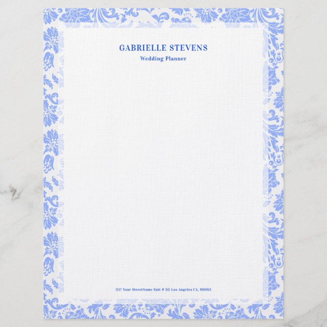 Powder Blue Vintage Floral Damask Letterhead (Front)