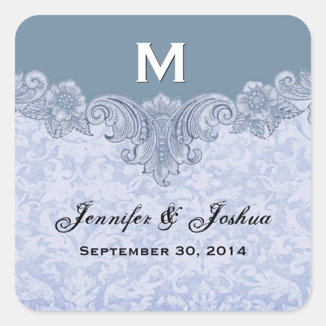 Powder Blue Vintage Wedding Names Date Square Sticker (Front)