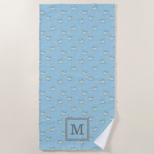 Powder Blue Whimsical Cats Pattern with Monogram Beach Towel