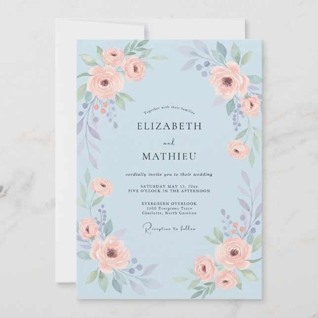 Powder Blue Whimsical Rose Wedding Invitation (Front)