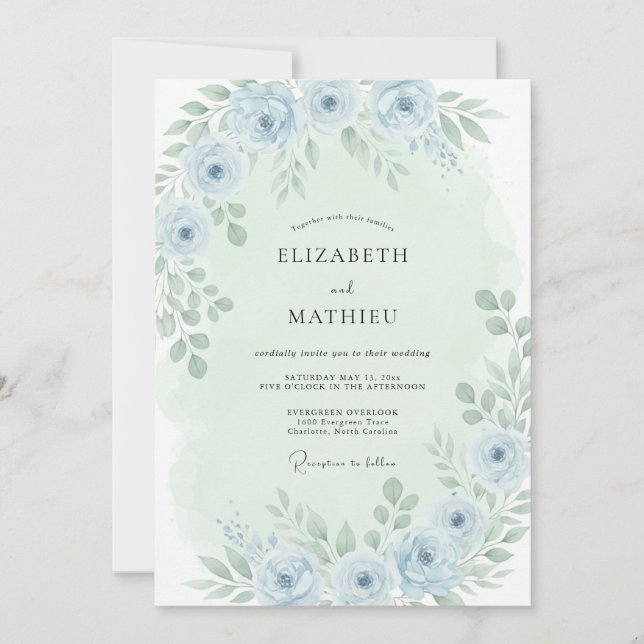 Powder Blue Whispering Blossom Wedding Invitation (Front)