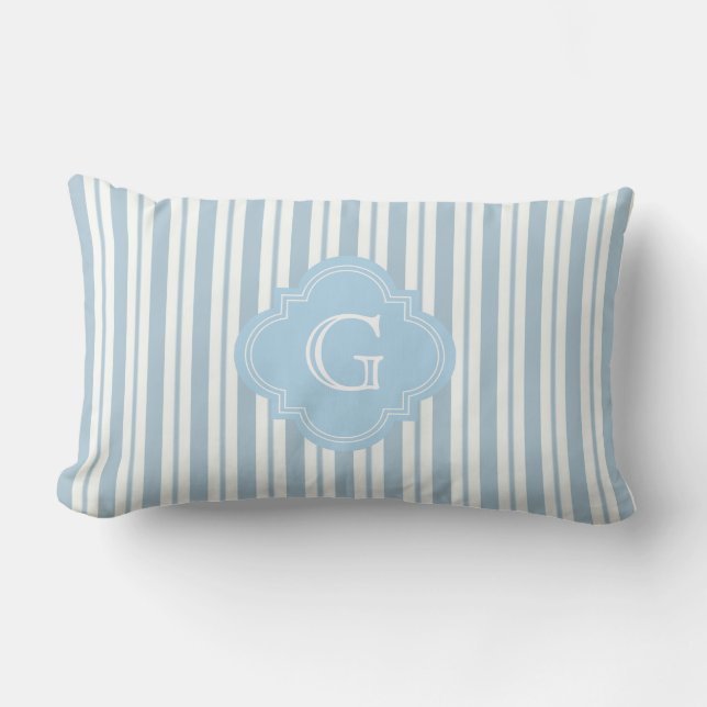 Powder Blue White Stripe #2 Lt Blue Label Monogram Lumbar Pillow (Front)