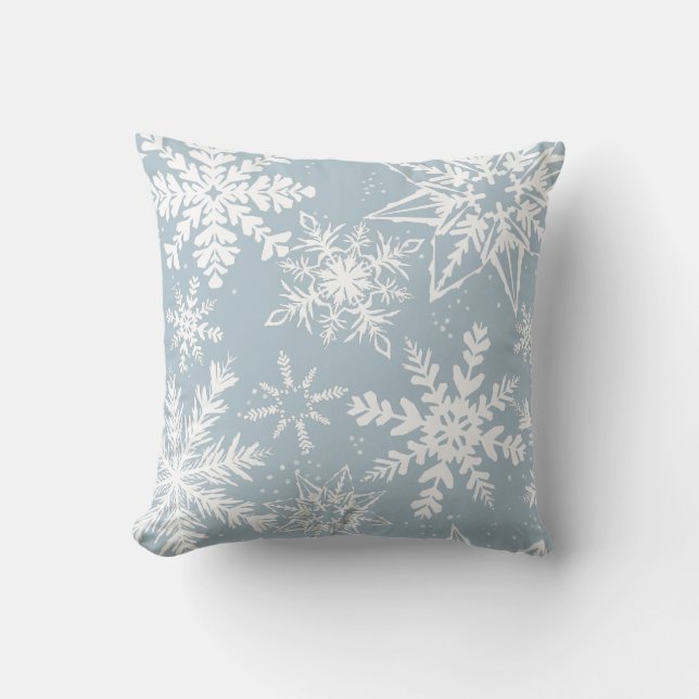 Powder Blue Winter Wonderland Snowflake Pattern Throw Pillow (Front)
