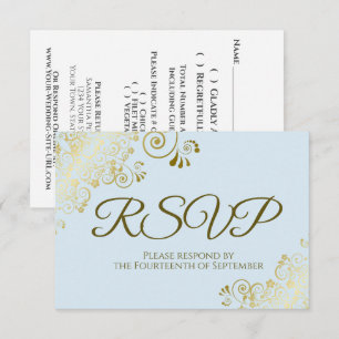 Powder Blue with Elegant Gold Lace Frilly Wedding RSVP Card