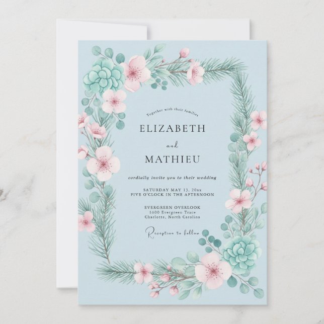 Powder Mint Leafy Wedding Invitation (Front)