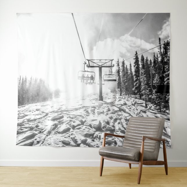 Powder on the Hill // Black and White Skilift Tapestry (In Situ (Horizontal))