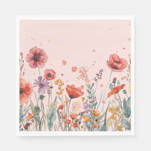 Powder Pink Background with poppies & wild Flowers Napkin