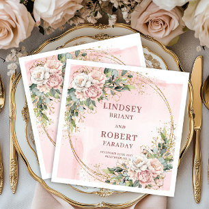 Powder Pink Flowers Greenery with Gold Glitter Napkin