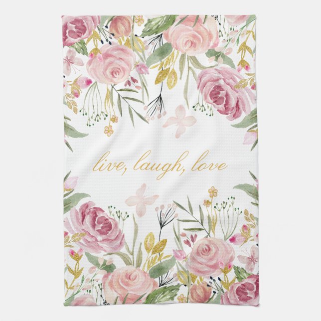 Powder Pink Gold Green Watercolor Roses Kitchen Towel (Vertical)