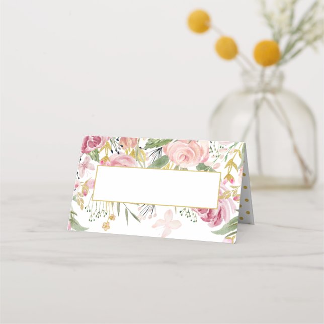Powder Pink Gold Watercolor Roses Place Cards (Front)
