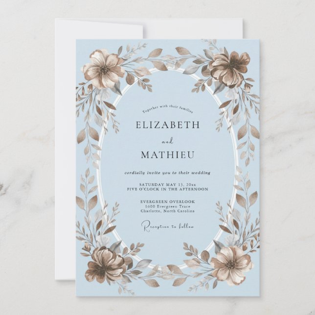 Powder Soft Blue Leafy Wedding Invitation (Front)