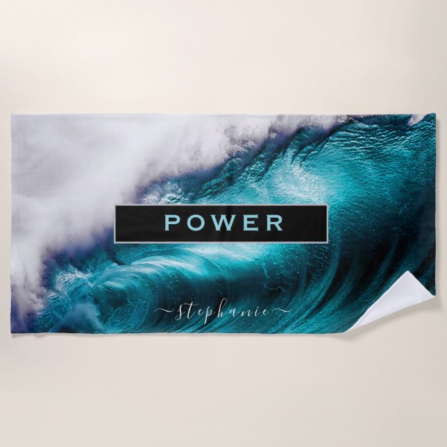 Power Inspirational Word Ocean Wave Beach Towel (Front)