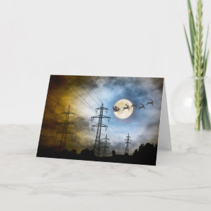Power Lines, Santa and Full Moon Christmas Holiday Card