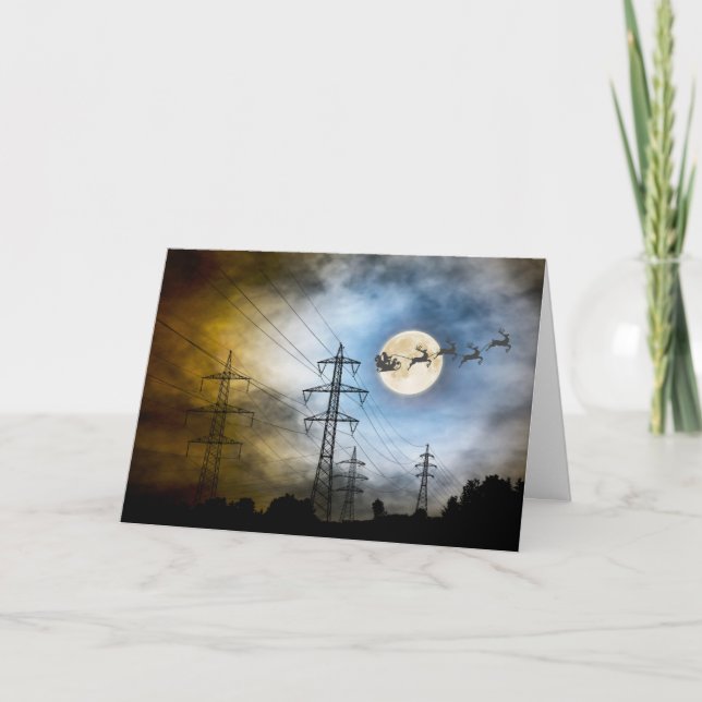 Power Lines, Santa and Full Moon Christmas Holiday Card (Front)