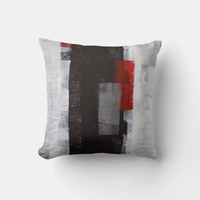 'Power Trip' Black, Grey, Red Abstract Art Pillow (Front)