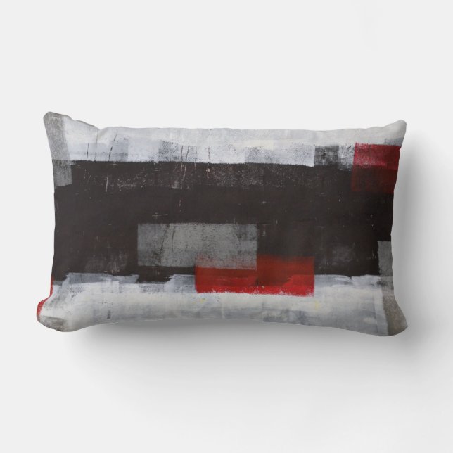 'Power Trip' Grey and Red Abstract Art Lumbar Pillow (Front)