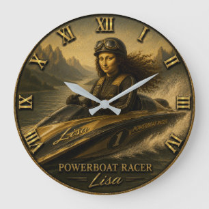Powerboat Racing Funny Mona Lisa Speedboat Racer  Large Clock