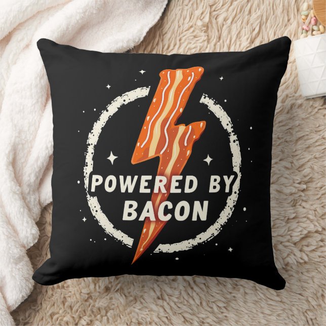 Powered by Bacon Funny Retro Foodie Aesthetic Throw Pillow (Blanket)