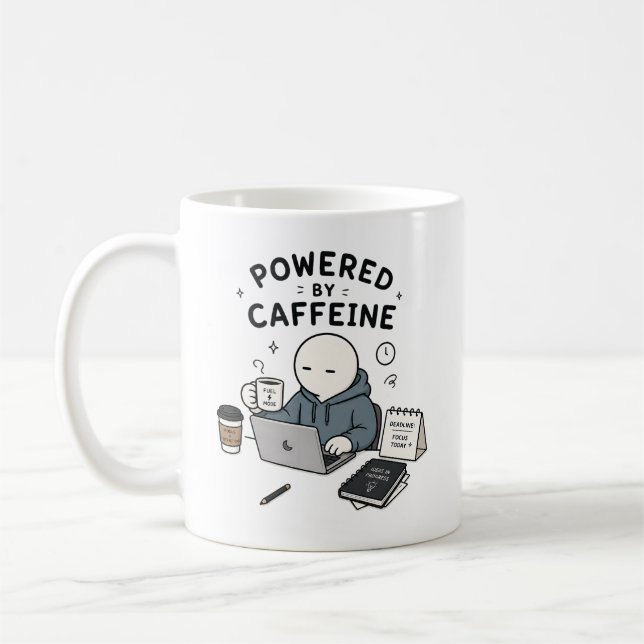 Powered By Caffeine Funny Work Meme Coffee Mug (Left)
