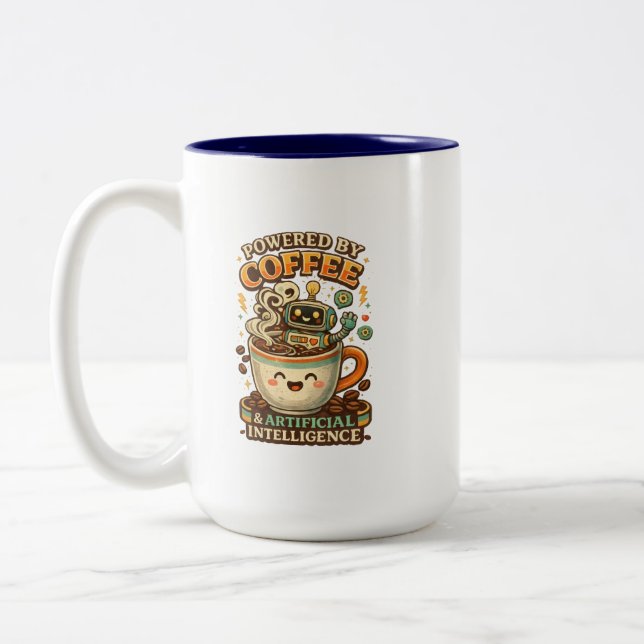 Powered By coffee and AI Retro coffee tech Graphic Two-Tone Coffee Mug (Left)