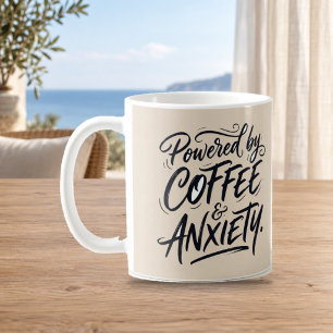 Powered by Coffee and Anxiety Funny Script Mug
