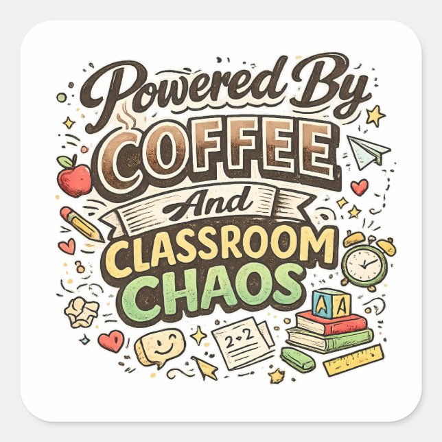 Powered By Coffee And Classroom Chaos – Teacher Square Sticker (Front)
