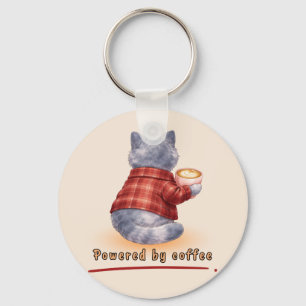 "Powered by Coffee" Cat Holding A Cup of Coffee Keychain