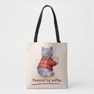"Powered by Coffee" Cat Holding A Cup of Coffee Tote Bag