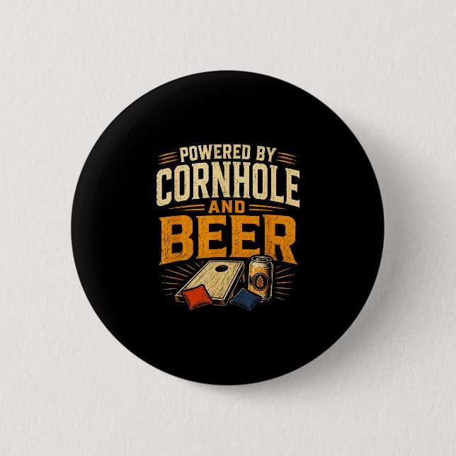 Powered by cornhole and beer funny tailgate 2 inch round button (Front)