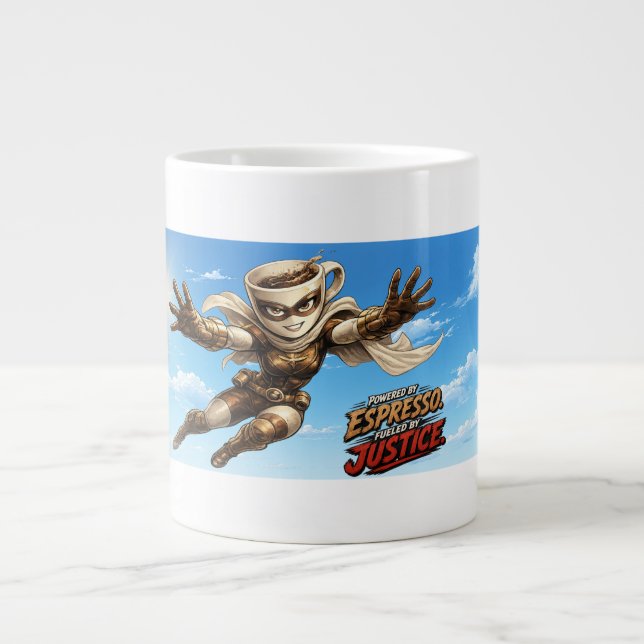 Powered by Espresso. Fuelled by Justice. Large Coffee Mug (Front)