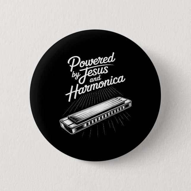 Powered By Jesus And Harmonica Christian Music  2 Inch Round Button (Front)