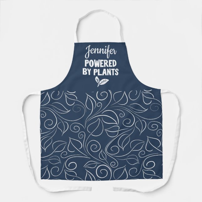 Powered by plant Vegan floral blue with name Apron (Front)