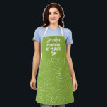 Powered by plants Vegan floral apple green w/ name Apron<br><div class="desc">Elegant apron featuring a delicate floral white pattern on an apple green background,  with the caption Powered by plants in white lettering decorated with tiny leaves. Easily customizable by adding your name.</div>