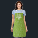 Powered by plants Vegan floral apple green w/ name Apron<br><div class="desc">Elegant apron featuring a delicate floral white pattern on an apple green background, with the caption Powered by plants in white lettering decorated with tiny leaves. Easily customizable by adding your name.</div>