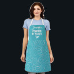 Powered by plants Vegan turquoise floral with name Apron<br><div class="desc">Elegant apron featuring a delicate floral white pattern on a turquoise background, with the caption Powered by plants in white lettering decorated with tiny leaves. Easily customizable by adding your name.</div>