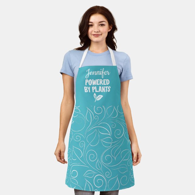Powered by plants Vegan turquoise floral with name Apron (Worn)