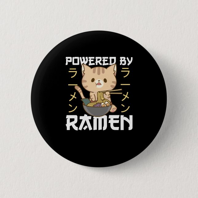 Powered By Ramen Cute Cat Eats Ramen 2 Inch Round Button (Front)