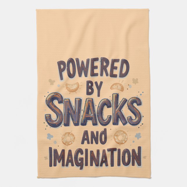 Powered by Snacks Imagination Funny Food Quote Typ Kitchen Towel (Vertical)