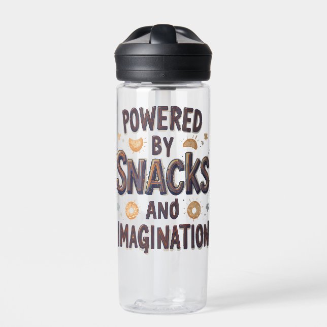 Powered by Snacks Imagination Funny Food Quote Typ Water Bottle (Front)