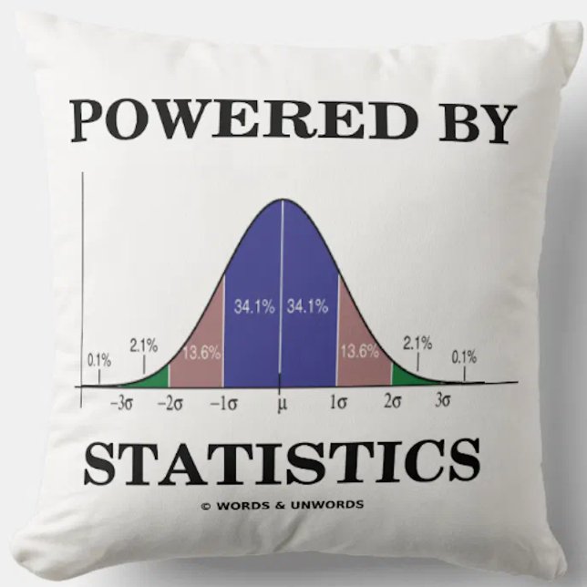 Powered By Statistics Bell Curve Stats Humour Throw Pillow (Throw pillow featuring the bell curve (normal distribution curve) for anyone "Powered By Statistics")