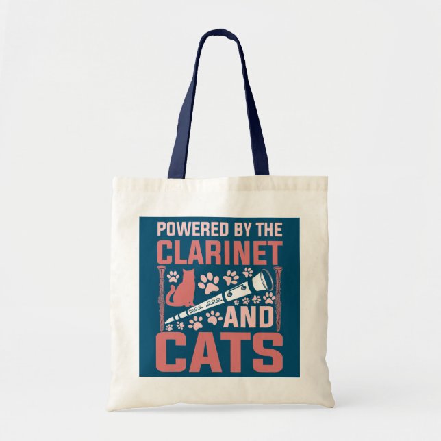 Powered By The Clarinet And Cats Funny Clarinet Tote Bag (Front)