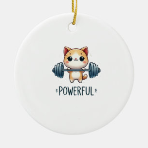 Powerful Cat Lifting Weights, Cute Gym Kitty Art Ceramic Ornament