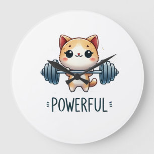 Powerful Cat Lifting Weights, Cute Gym Kitty Art Large Clock
