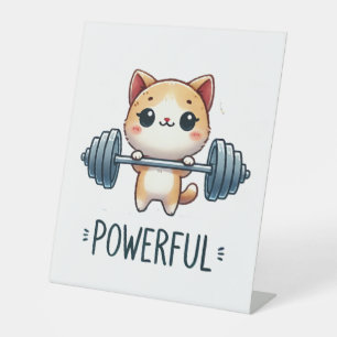 Powerful Cat Lifting Weights, Cute Gym Kitty Art Pedestal Sign