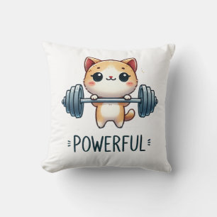 Powerful Cat Lifting Weights, Cute Gym Kitty Art Throw Pillow
