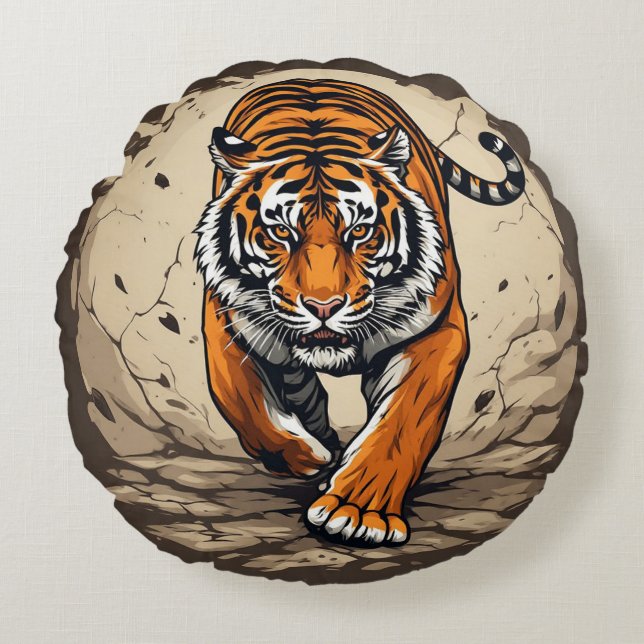 Powerful Charging Tiger Round Pillow (Front)