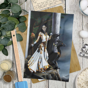 Powerful Fantasy Sorceress Black Dragon Guardian Kitchen Towel