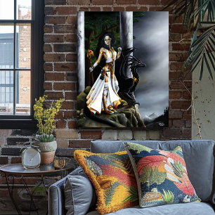 Powerful Fantasy Sorceress Black Dragon Guardian Poster