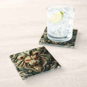 Powerful Gold Lion with Burning Red Eyes Glass Coaster