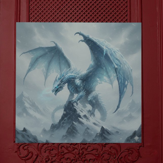 Powerful Ice Dragon On A Mountaintop Poster (The strength of an ice dragon on a mountaintop)